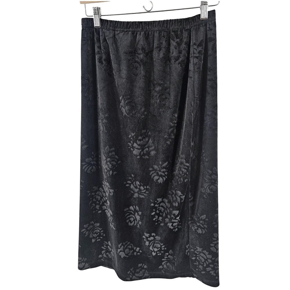 Vintage Black Velvet Skirt Small Floral Jacquard Midi Slit 90s Vamp Whimsigoth